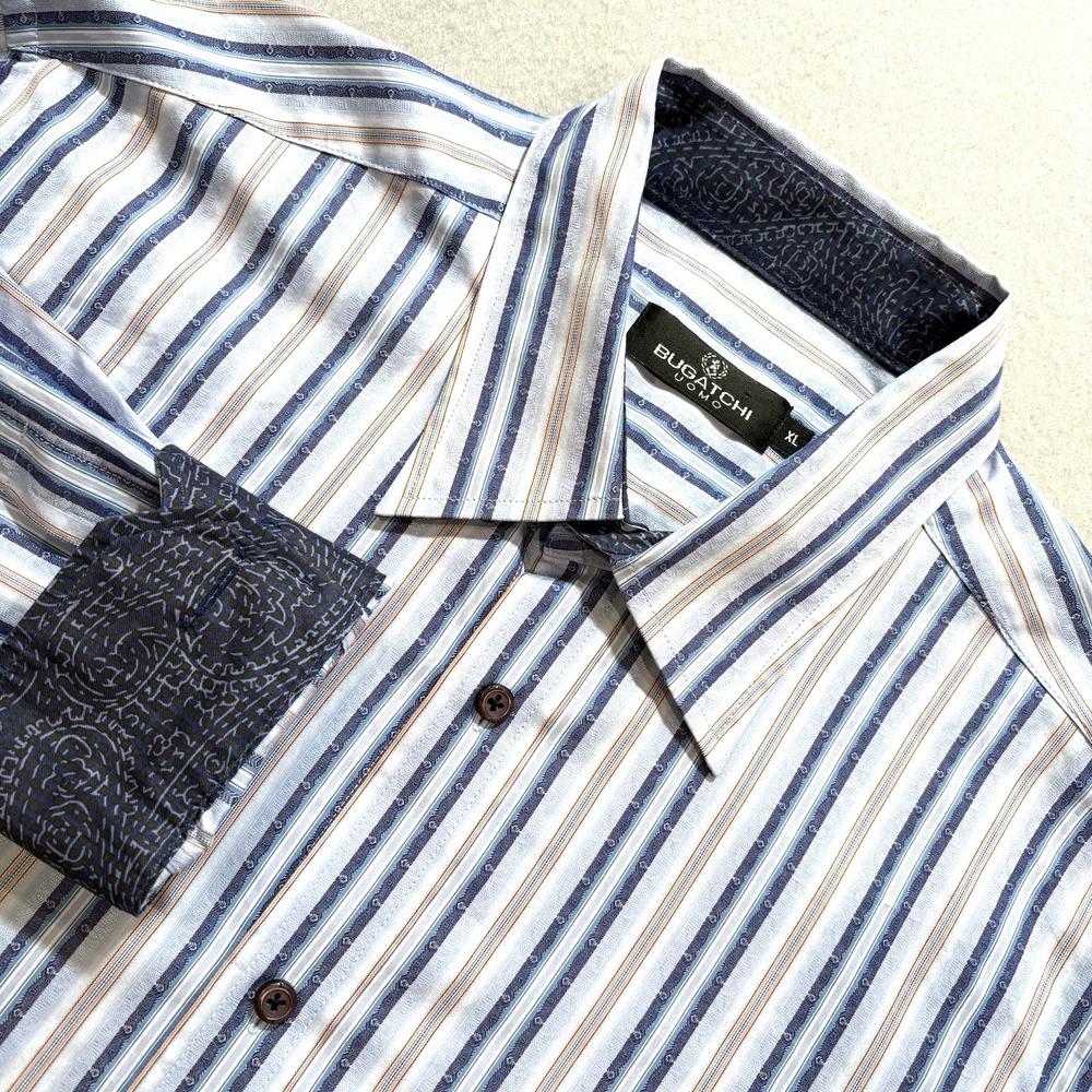 Bugatchi Uomo Men XL Shirt Long Sleeve Blue Stripe Cotton Button Front Cuffs EUC